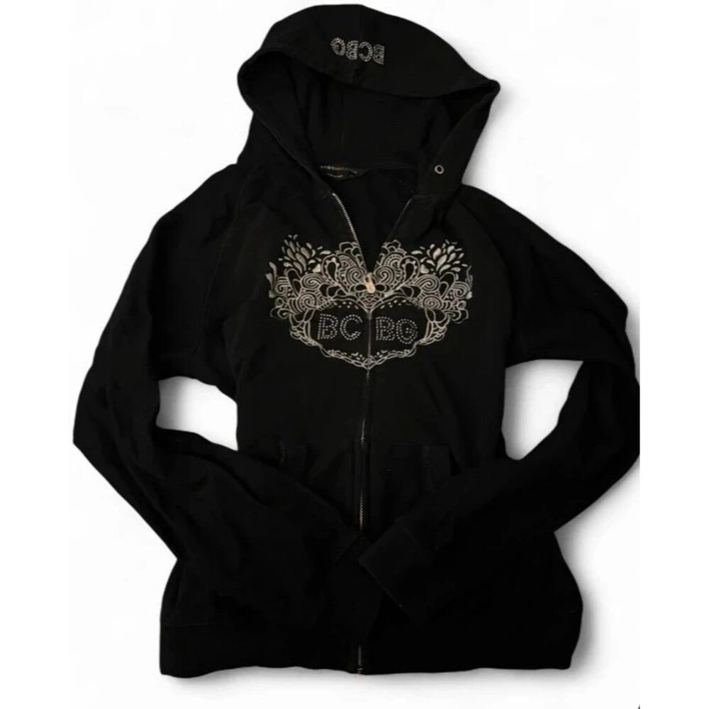 Vintage BCBGMaxazria Black Rhinestone Y2K Grunge Zip-Up Hoodie